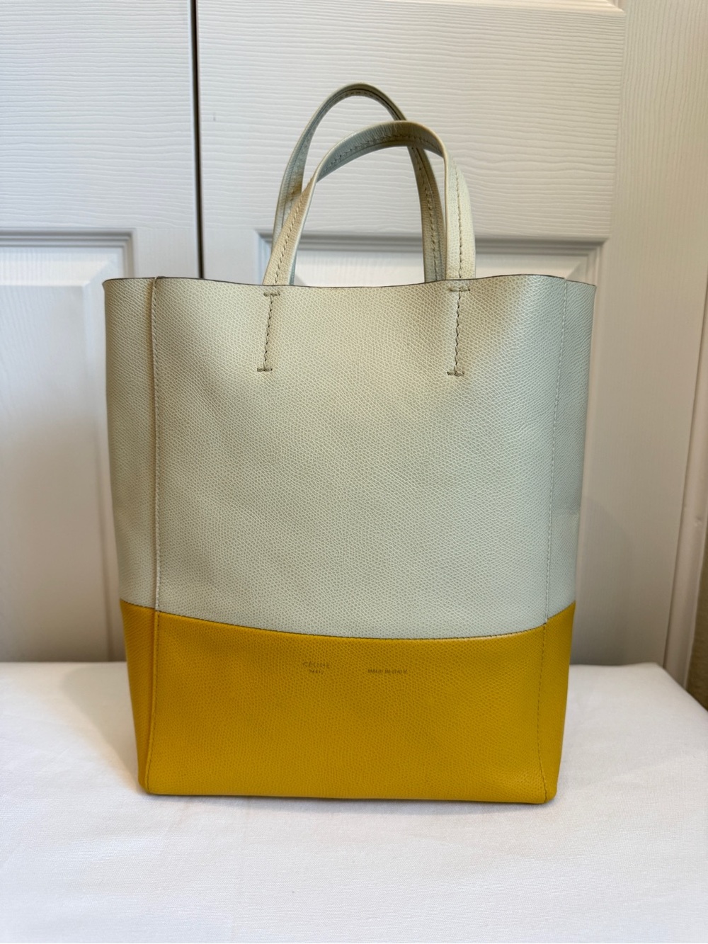 Authentic Celine Vertical Bicolor Cream and Yellow Cabas Tote